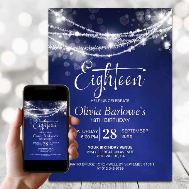 Invitation Fête d'anniversaire 18 ans avec des guirlandes lum (Créateur téléchargé)