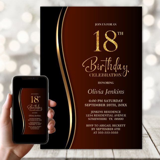 Invitation Fête d'anniversaire 18 ans Black Gold Burnt Orange (Créateur téléchargé)