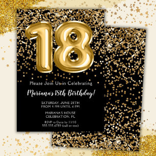 Invitation Fête d'anniversaire 18 ans Black Gold Kids Girl