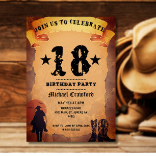 Invitation fête d'anniversaire 18 ans cowboy papier vieux che
