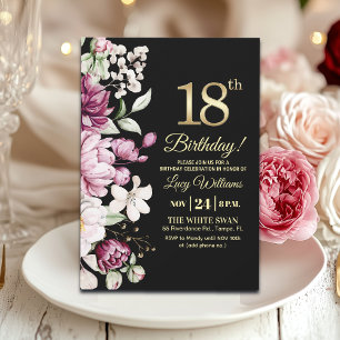 Invitation Fête d'anniversaire 18 ans élégante florale or