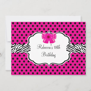 Invitation Fête d'anniversaire 18 ans Fleur rose Zèbre Tache