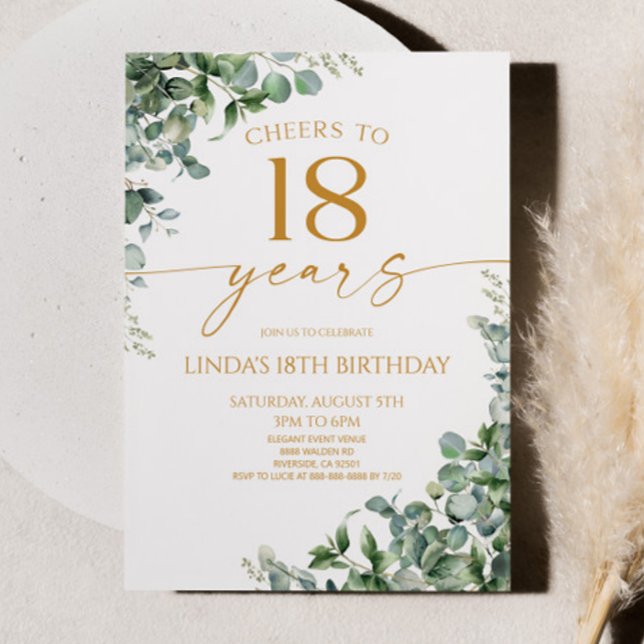 Invitation Fête d'anniversaire 18 ans Green Eucalyptus Gold (Créateur téléchargé)