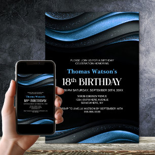 Invitation Fête d'anniversaire 18 ans moderne noire et bleue