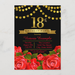 Invitation Fête d'anniversaire 18 ans Red Black Gold Red Rose