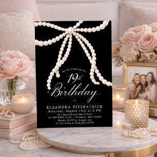 Invitation Fête d'anniversaire 19 ans Coquette Noir Blanc Nœu