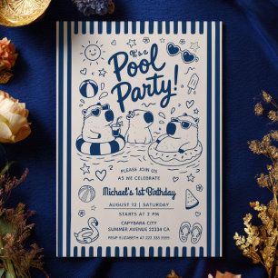 Invitation Fête d'anniversaire 1 an Capybara Piscine Bleu Mar