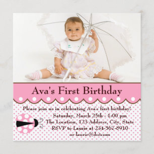 Invitation Fête d'anniversaire 1 an de filles Ladybug rose