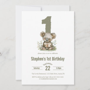 Invitation Fête d'anniversaire 1 an Ourson Koala Vert Sauge M