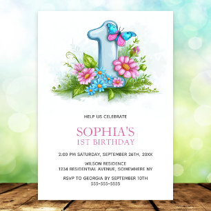 Invitation Fête d'anniversaire 1 an Papillon Floral Rose Bleu