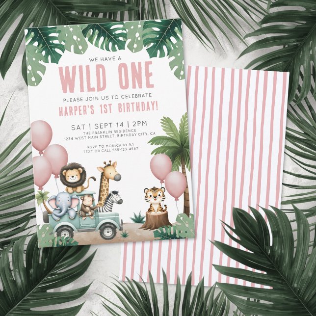 Invitation Fête d'anniversaire 1 an Wild One Jungle Safari (Wild One Jungle Safari 1st Birthday Party Invitation)