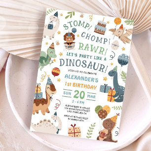 Invitation Fête d'anniversaire 1ère année Stomp Chomp Rawr Di