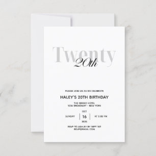 Invitation Fête d'anniversaire 20 ans Chic Noir & Blanc