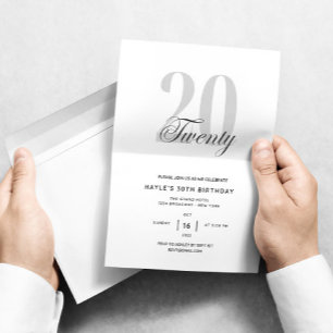 Invitation Fête d'anniversaire 20 ans Chic noir et blanc