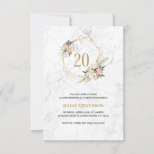 Invitation Fête d'anniversaire 20 ans Floral Marble Chic