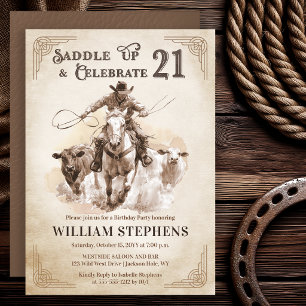 Invitation Fête d'anniversaire 21 ans adulte Cowboy Western V