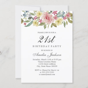 Invitation Fête d'anniversaire 21 ans aquarelle botanique ros