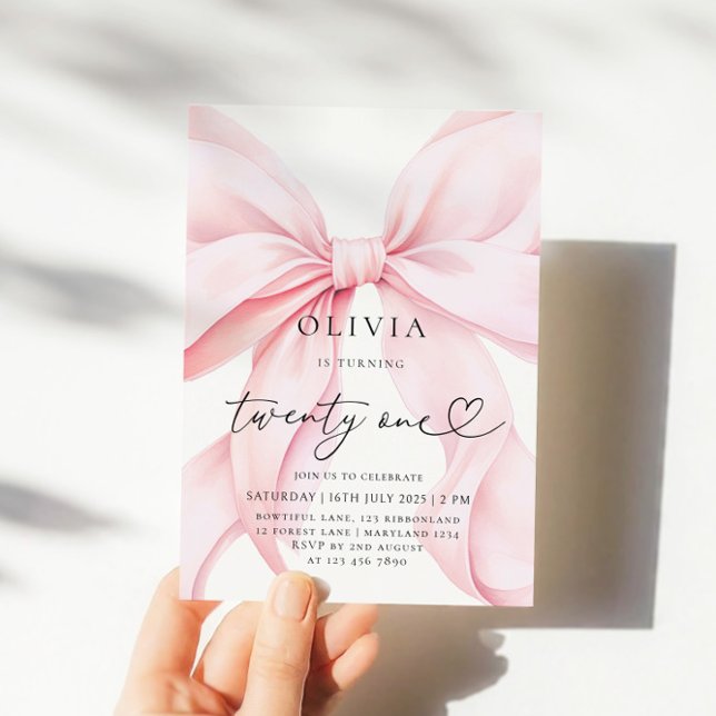 Invitation Fête d'anniversaire 21 ans avec un ruban rose (Créateur téléchargé)