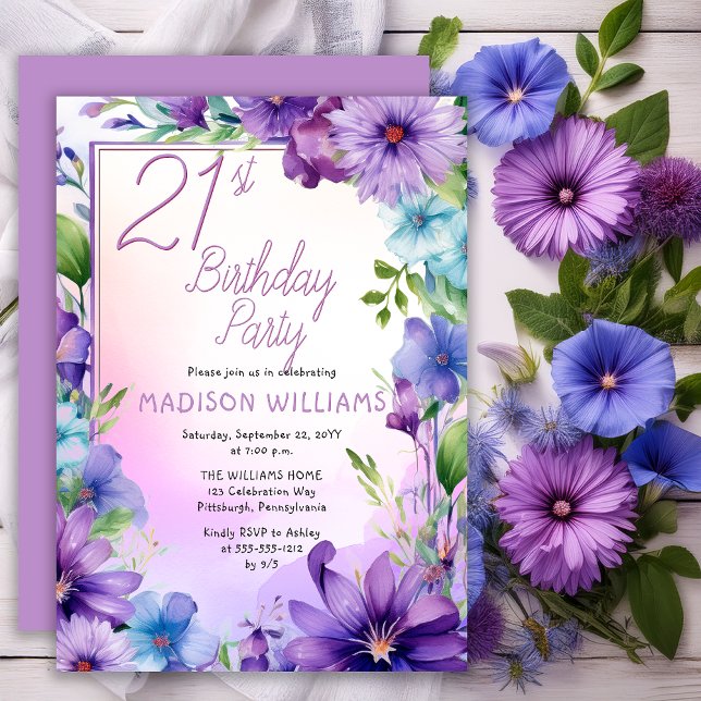 Invitation Fête d'anniversaire 21 ans Bohème Matiniales Flora (Elegant Boho Aster | Morning Glories Floral 21st Birthday Party Invitation Print | Digital Download)