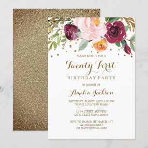Invitation Fête d'anniversaire 21 ans Burgundy Floral Gold Gl