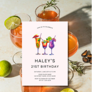 Invitation Fête d'anniversaire 21 ans Cocktails à l'aquarelle