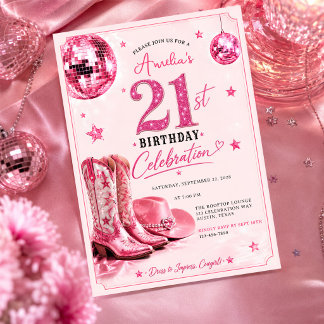 Invitation Fête d'anniversaire 21 ans Cowgirl Disco Rose