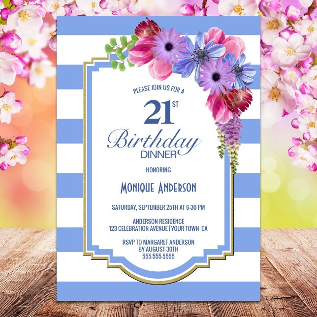 Invitation Fête d'anniversaire 21 ans décor floral pourpre (Créateur téléchargé)