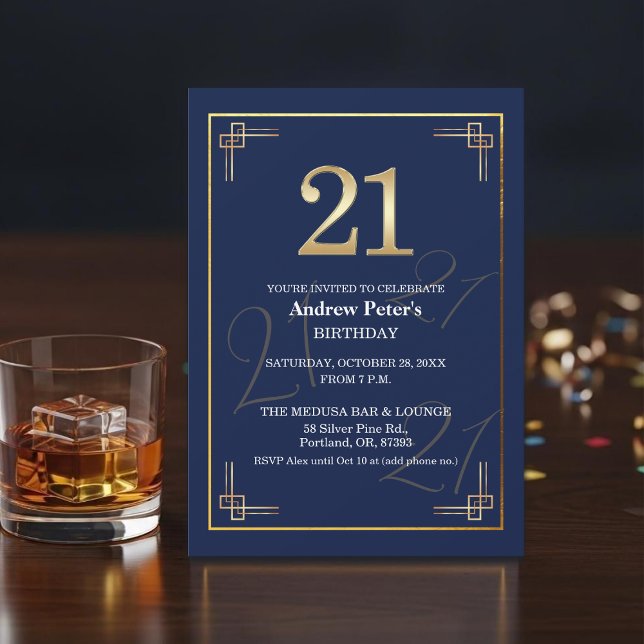 Invitation Fête d'anniversaire 21 ans Elegant Blue Gold (Créateur téléchargé)