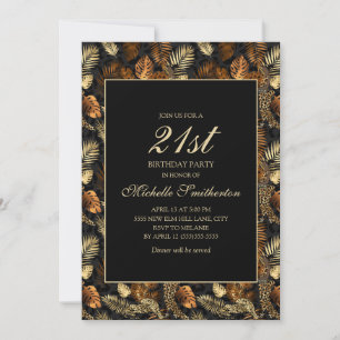 Invitation Fête d'anniversaire 21 ans Feuilles Noir Or Bronze