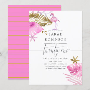 Invitation Fête d'anniversaire 21 ans Flamant Tropical Rose &