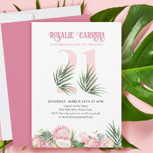 Invitation Fête d'anniversaire 21 ans Fleur de Protéa rose tr
