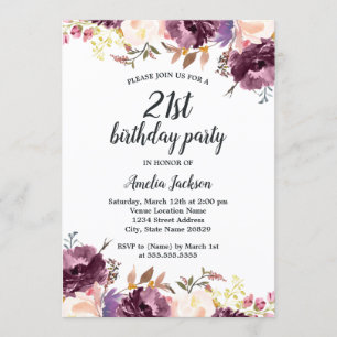Invitation Fête d'anniversaire 21 ans Fleur Violet Aquarelle