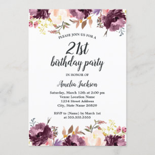 Invitation Fête d'anniversaire 21 ans Fleur violette aquarell
