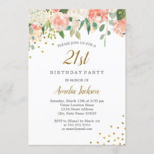 Invitation Fête d'anniversaire 21 ans Fleurs aquarelle Or Pêc