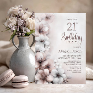 Invitation Fête d'anniversaire 21 ans Floral Rose Pâle