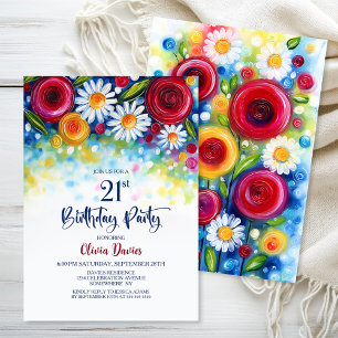 Invitation Fête d'anniversaire 21 ans florale colorée
