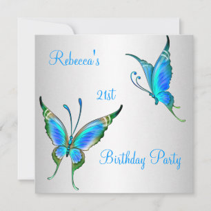 Invitation Fête d'anniversaire 21 ans Papillons Bleu Blanc