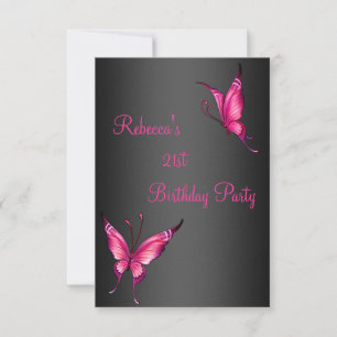 Invitation Fête d'anniversaire 21 ans Papillons Rose Noir