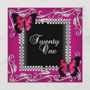 Invitation Fête d'anniversaire 21 ans Papillons Rose Noir Arg