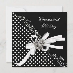 Invitation Fête d'anniversaire 21 ans pois noir blanc nœud