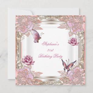 Invitation Fête d'anniversaire 21 ans Rose rose Papillon blan
