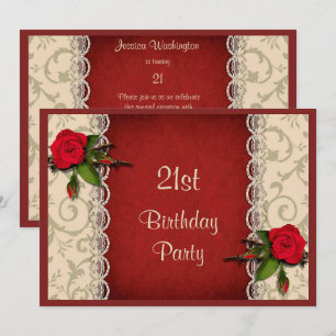 Invitation Fête d'anniversaire 21 ans Roses Rouges & Dentelle