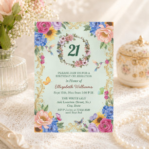 Invitation Fête d'anniversaire 21 ans Royal Gold Floral Hummi
