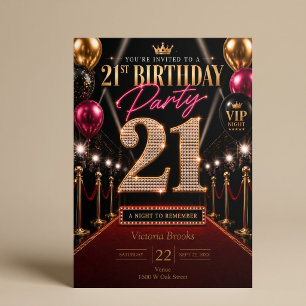 Invitation Fête d'anniversaire 21 ans VIP Tapis Rouge Hollywo