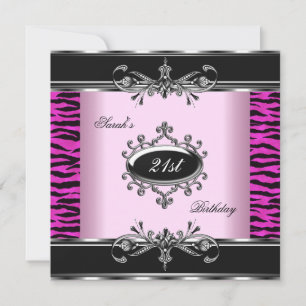Invitation Fête d'anniversaire 21e Zebra noir blanc rose arge