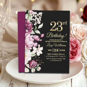 Invitation Fête d'anniversaire 23 Élégante Florale Or