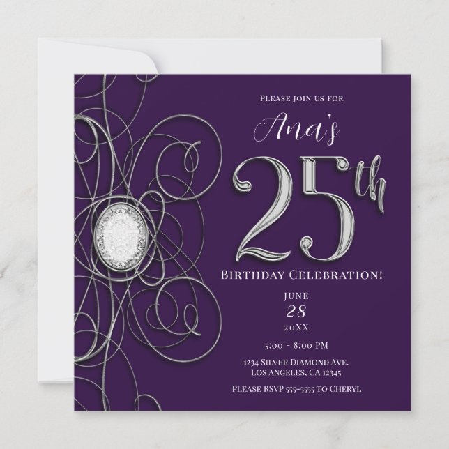 Invitation Fête d'anniversaire 25 ans Purple & Silver Diamond (Devant)