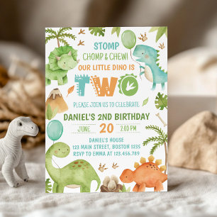 Invitation Fête d'anniversaire 2 ans garçon dinosaure jungle