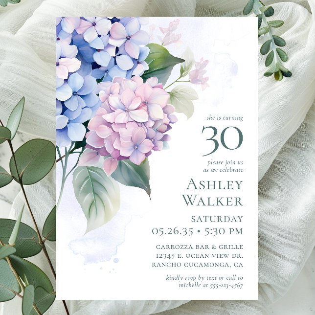 Invitation Fête d'anniversaire 30 ans aux Hydrangeas Bleu Ros (Créateur téléchargé)