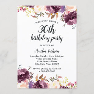 Invitation Fête d'anniversaire 30 ans Bloom Watercolor Purple
